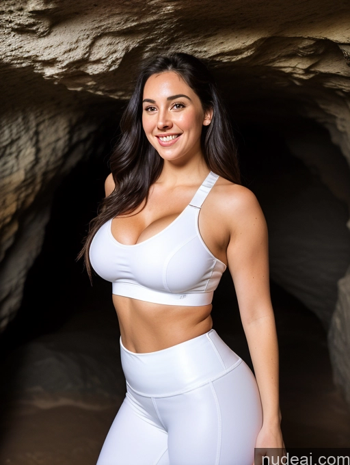 ai nude image of arafed woman in white sports bra top and white shorts posing for a picture pics of Beautiful Big Ass Fairer Skin Pubic Hair Happy 20s Black Hair Long Hair Cave Leather Sports Bra Yoga Pants Chubby Perfect Boobs