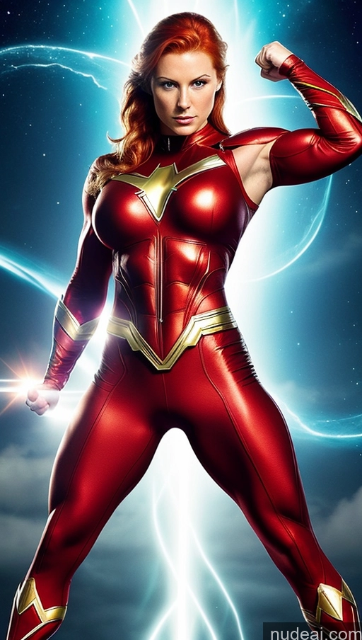 ai nude image of a woman in a red suit with lightning in the background pics of Several Muscular Abs Superhero Ginger Busty Bodybuilder 18 Power Rangers Perfect Boobs Irish Powering Up Science Fiction Style