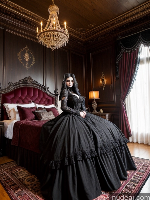 ai nude image of arafed woman in a black dress sitting on a bed pics of Athlete One Busty Huge Boobs Perfect Boobs Abs Big Hips Big Ass Huge Tits, Hard Nipples 20s Seductive Sexy Face Black Hair Swedish Victorian Parlor Goth Vampire Victorian Goth Gals V2 Simple Perfect Body Long Hair Muscular Full Frontal