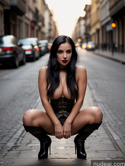 related ai porn images free for Woman Beautiful Perfect Boobs Perfect Body 20s Seductive Black Hair Long Hair White Front View Squatting Goth Steampunk Vampire Dark Lighting Detailed Nude Happy Street Two