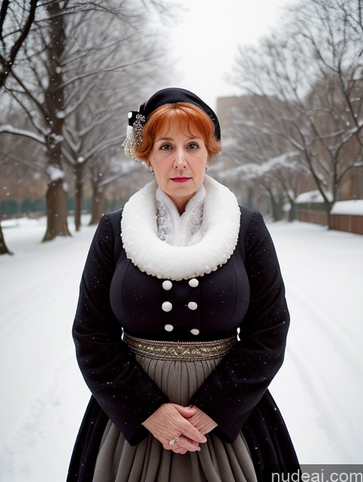 ai nude image of there is a woman in a dress and a hat standing in the snow pics of Woman Busty Huge Boobs Skinny Short Long Legs 80s Film Photo Front View Bows Dress Pearl Jewelry Sad Shocked Ginger Snow Jewish Traditional