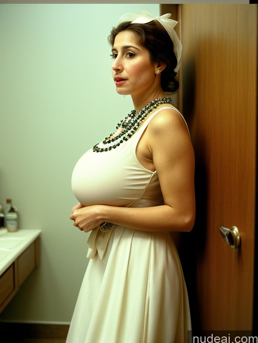 ai nude image of there is a woman in a white dress standing in a bathroom pics of Woman Busty Huge Boobs Skinny Short Long Legs 80s Film Photo Front View Bows Dress Pearl Jewelry Sad Shocked Ginger Jewish Traditional Changing Room