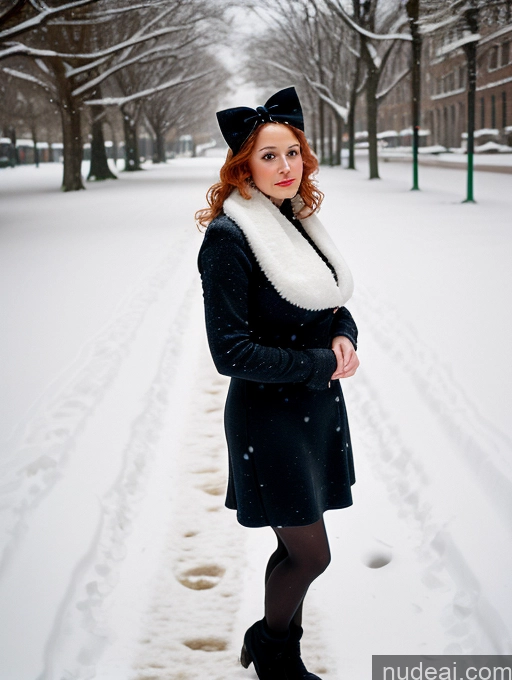 ai nude image of there is a woman standing in the snow wearing a black coat pics of Woman Busty Huge Boobs Skinny Short Long Legs 80s Film Photo Front View Bows Dress Pearl Jewelry Sad Shocked Ginger Jewish Casual Snow