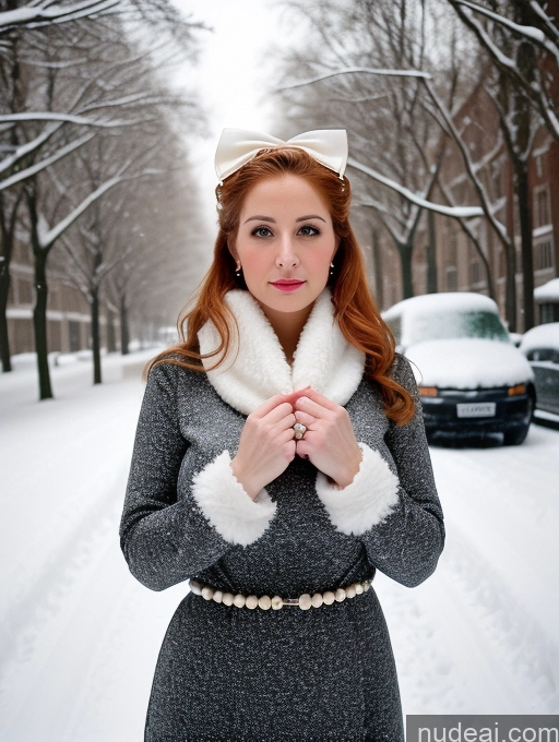 ai nude image of there is a woman standing in the snow wearing a gray dress pics of Woman Busty Huge Boobs Skinny Short Long Legs 80s Film Photo Front View Bows Dress Pearl Jewelry Sad Shocked Ginger Jewish Casual Snow