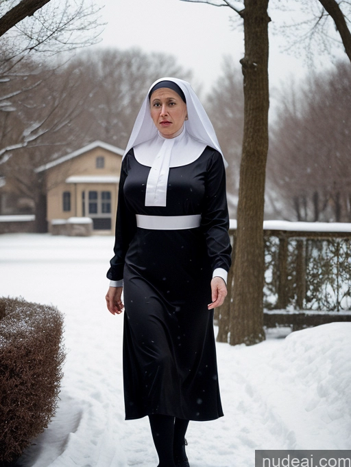 ai nude image of nun walking in the snow in a black dress and white scarf pics of Woman Busty Huge Boobs Skinny Short Long Legs 80s Film Photo Front View Bows Dress Pearl Jewelry Sad Shocked Ginger Jewish Snow Blouse Satin Nun