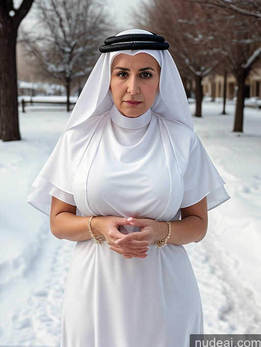 ai nude image of araffe dressed in white standing in the snow in a park pics of Woman Busty Huge Boobs Skinny Short Long Legs 80s Film Photo Front View Bows Dress Pearl Jewelry Sad Shocked Ginger Snow Blouse Satin Nun Arabic