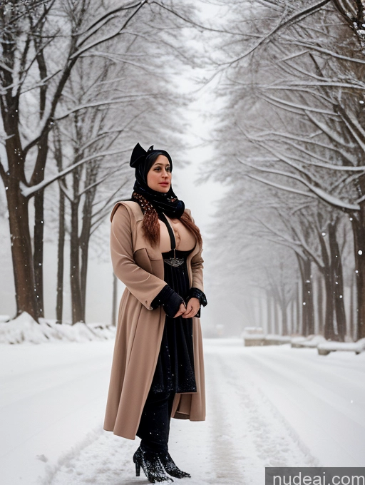 ai nude image of woman in a long coat standing in the snow in a park pics of Woman Busty Huge Boobs Skinny Short Long Legs 80s Film Photo Front View Bows Dress Pearl Jewelry Sad Shocked Ginger Snow Arabic Leather Victorian