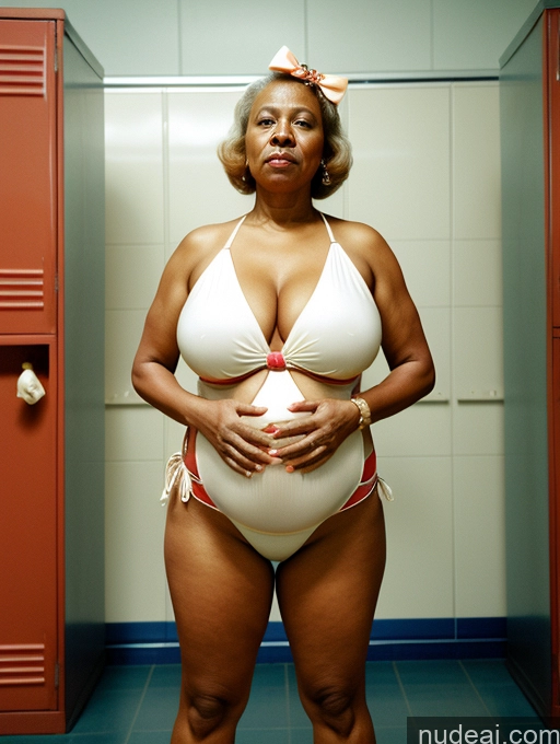 ai nude image of pregnant woman in a white bikini posing in a locker pics of Woman Busty Huge Boobs Skinny Short Long Legs 80s Film Photo Front View Bows Dress Pearl Jewelry Sad Shocked Ginger Locker Room Pregnant One Piece Swimsuit Nilotic Dark Skin