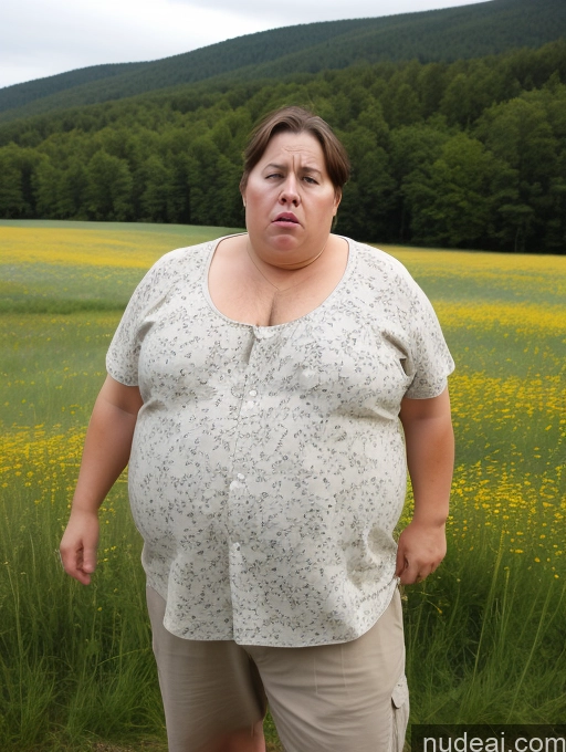 ai nude image of there is a woman standing in a field of flowers with a large belly pics of Small Tits Big Ass Fat Big Hips Short Pubic Hair Short Hair 60s Angry Brunette White Meadow Casual Wife Or Girlfriend Obese Shocked Full Frontal