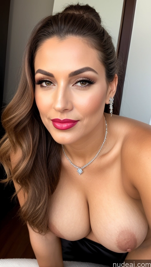 ai nude image of a close up of a woman with a necklace and a necklace on pics of Milf Small Tits Beautiful Lipstick Long Legs Perfect Body Pubic Hair 30s Happy Pouting Lips Sexy Face Seductive Hair Bun Close-up View High Heels Diamond Jewelry Partially Nude Jumpsuit