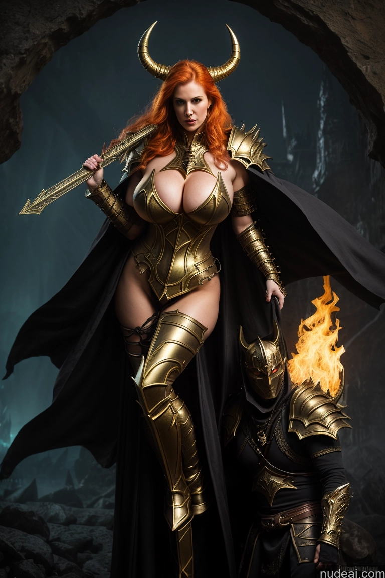 ai nude image of arafed woman in armor with a sword and a fire pics of Big Ass Big Hips Gold Jewelry Death Knight Nude Hell Ginger 30s Huge Boobs Fat Fairer Skin Long Legs Abs Bright Lighting Medieval Fantasy Armor Close-up View Dark Fantasy Oiled Body Woman + Man Tall