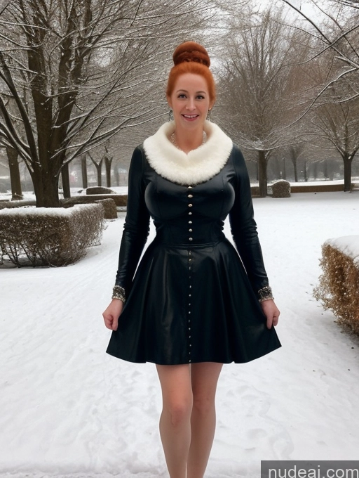 ai nude image of arafed woman in a black dress and fur collar posing for a picture pics of Woman Busty Huge Boobs Skinny Short Long Legs Front View Dress Leather Pearl Jewelry Hair Bun Fairer Skin 60s 80s Snow Medieval Ginger Irish