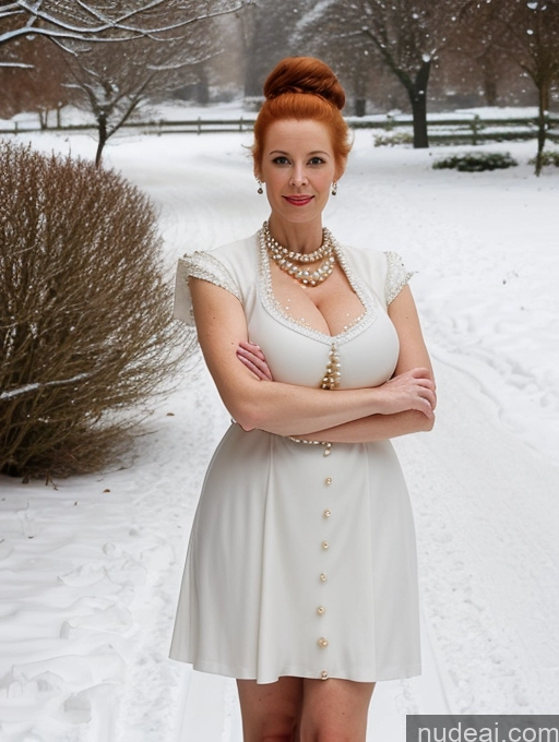 ai nude image of there is a woman standing in the snow with her arms crossed pics of Woman Busty Huge Boobs Skinny Short Long Legs Front View Dress Leather Pearl Jewelry Hair Bun Fairer Skin 60s 80s Snow Medieval Ginger Irish