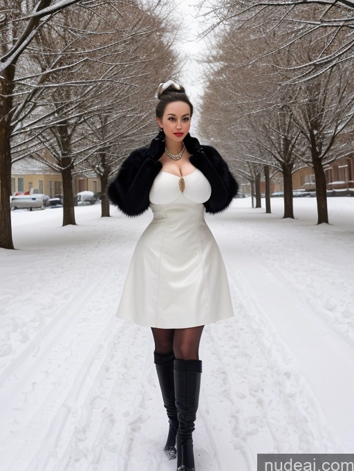 ai nude image of araffe woman in a white dress and black fur coat posing for a picture pics of Woman Busty Huge Boobs Skinny Short Long Legs Front View Dress Leather Pearl Jewelry Hair Bun Fairer Skin 60s 80s Snow Medieval Black Hair Russian