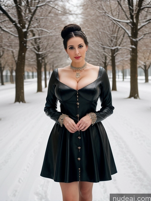 ai nude image of araffe woman in a black dress posing in the snow pics of Woman Busty Huge Boobs Skinny Short Long Legs Front View Dress Leather Pearl Jewelry Hair Bun Fairer Skin 60s 80s Snow Medieval Black Hair Russian