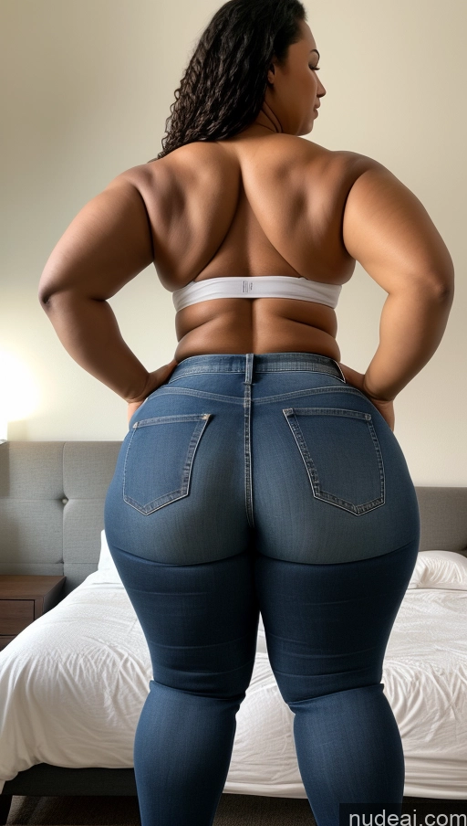 ai nude image of araffe woman in jeans standing on a bed with a white bed pics of Athlete Big Ass Big Hips Bedroom Jeans