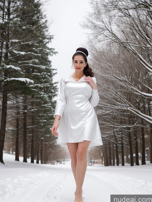 ai nude image of araffe woman in white dress walking down a snowy path pics of Busty Huge Boobs Skinny Short Long Legs Front View Dress Pearl Jewelry Hair Bun Fairer Skin 60s 80s Snow Black Hair Jewish Woman Satin Nightgown