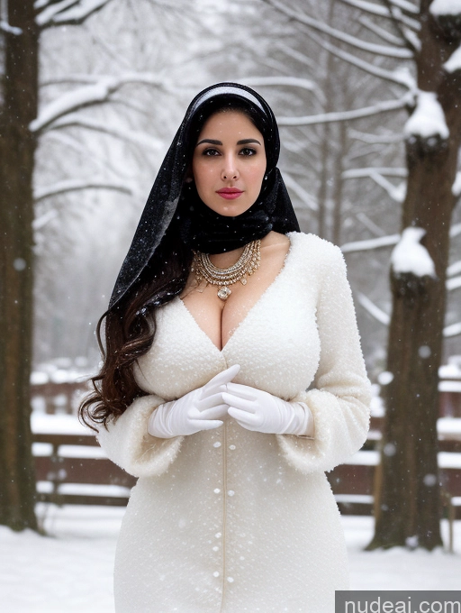 ai nude image of araffe woman in a white dress and a black scarf in the snow pics of Busty Huge Boobs Skinny Short Long Legs Front View Dress Pearl Jewelry Fairer Skin 80s Snow Black Hair Woman 90s Shocked Arabic Long Hair Victorian 60s Gloves