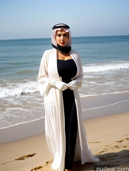 ai nude image of araffe dressed in a white robe and black pants standing on a beach pics of Busty Huge Boobs Skinny Short Long Legs Front View Dress Pearl Jewelry Fairer Skin 80s Black Hair Woman 90s Shocked Arabic Victorian 60s Gloves Beach