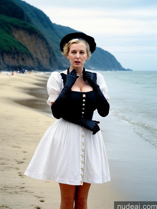 ai nude image of blond woman in white dress and black hat on beach with ocean in background pics of Busty Huge Boobs Skinny Short Long Legs Front View Dress Pearl Jewelry Fairer Skin 80s Black Hair Woman Shocked Victorian 60s Gloves Beach Dutch