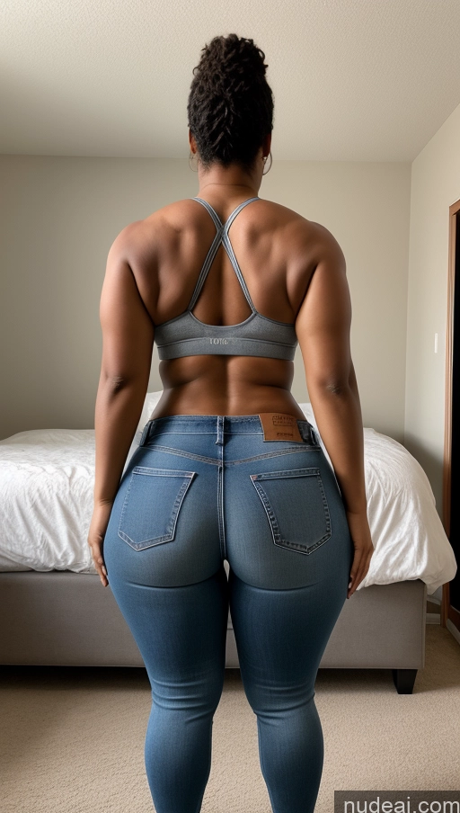 ai nude image of araffe woman in a blue bra top and jeans standing in a bedroom pics of Athlete Big Ass Big Hips Bedroom Jeans