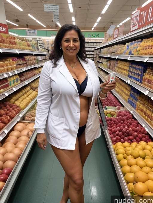 ai nude image of arafed woman in a white jacket and black bikini in a grocery store pics of Milf One Huge Boobs Busty Tanned Skin 50s Grocery Front View Microkini Thong Professor Lab Coat Latina