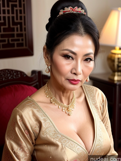 ai nude image of there is a woman in a gold dress sitting on a red chair pics of Milf Beautiful Skinny Hair Bun 60s Asian Pouting Lips Sexy Face Traditional Cleavage