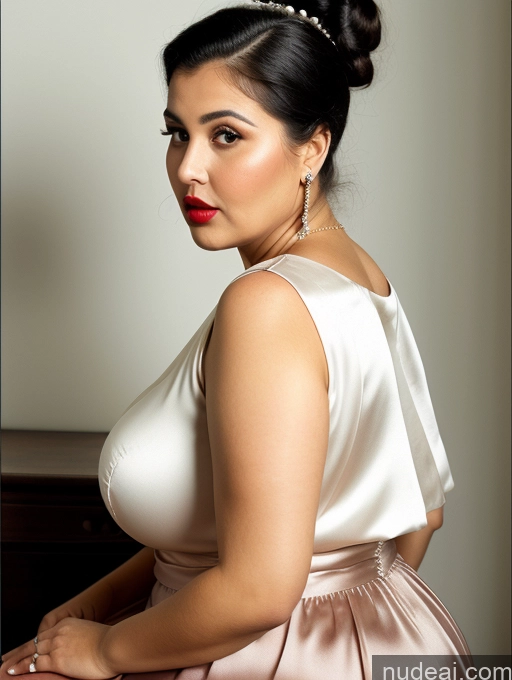 ai nude image of there is a woman in a white dress posing for a picture pics of Chubby Fat Thick Big Ass Big Hips Short 80s Hair Bun Dress Pearl Jewelry Huge Boobs Shocked Arabic Satin Lipstick Black Hair 60s