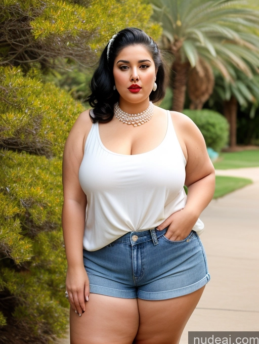 ai nude image of araffe woman in white tank top and denim shorts posing for a picture pics of Chubby Fat Thick Big Ass Big Hips Short 80s Hair Bun Dress Pearl Jewelry Huge Boobs Shocked Arabic Lipstick Black Hair 60s Daisy Dukes