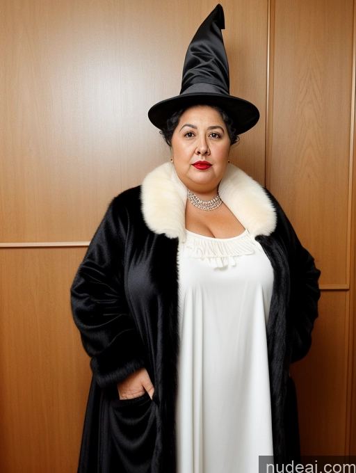 ai nude image of there is a woman in a witch costume posing for a picture pics of Chubby Fat Thick Big Ass Big Hips Short 80s Hair Bun Dress Pearl Jewelry Huge Boobs Shocked Arabic Lipstick Black Hair 60s Witch Fur