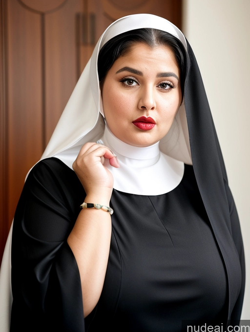 ai nude image of nun in black dress with white veil and red lips pics of Chubby Fat Thick Big Ass Big Hips Short 80s Hair Bun Dress Pearl Jewelry Huge Boobs Shocked Arabic Lipstick Black Hair 60s Nun Sad