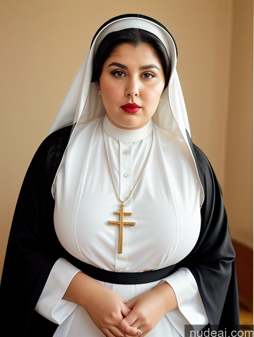 ai nude image of nun with cross and rosary in white dress posing for picture pics of Chubby Fat Thick Big Ass Big Hips Short 80s Hair Bun Dress Pearl Jewelry Huge Boobs Shocked Arabic Lipstick Black Hair 60s Nun Sad