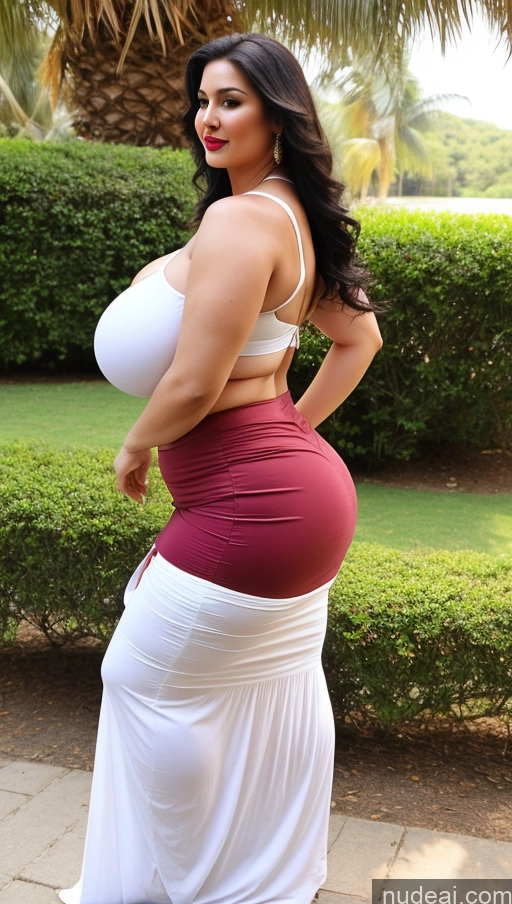 ai nude image of a pregnant woman in a white dress posing for a picture pics of Huge Boobs Lipstick Big Ass Abs Chubby Fairer Skin Black Hair Long Hair Indian Long Skirt