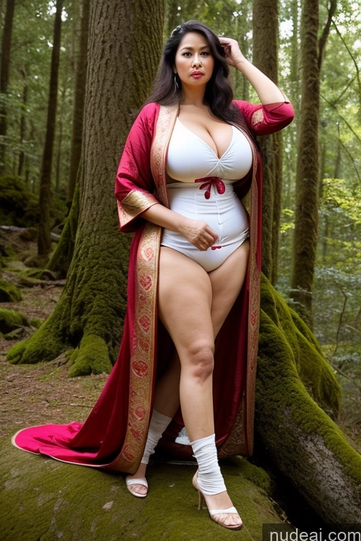 ai nude image of araffe woman in a white bodysuit and red robe posing in the woods pics of Milf Huge Boobs Beautiful Big Ass Big Hips Long Hair 60s Pouting Lips Asian Traditional Waterfall Forest Several Medieval Fairer Skin Cleavage