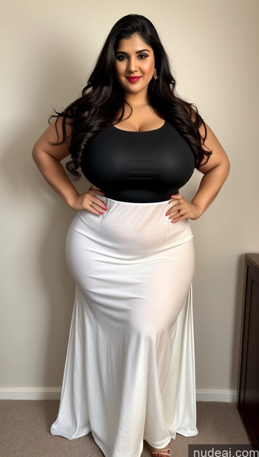 ai nude image of a pregnant woman in a black top and white skirt posing for a picture pics of Huge Boobs Lipstick Big Ass Abs Chubby Fairer Skin Black Hair Long Hair Indian Salwar