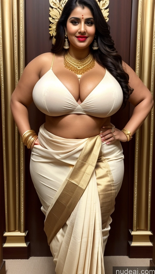 ai nude image of a woman in a white sari posing for a picture pics of Huge Boobs Lipstick Big Ass Abs Chubby Fairer Skin Black Hair Long Hair Sari Gold Jewelry