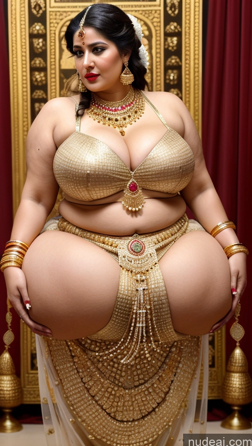 ai nude image of araffe woman in a gold dress posing for a picture pics of Huge Boobs Lipstick Big Ass Abs Chubby Fairer Skin Black Hair Long Hair Gold Jewelry Indian Traditional