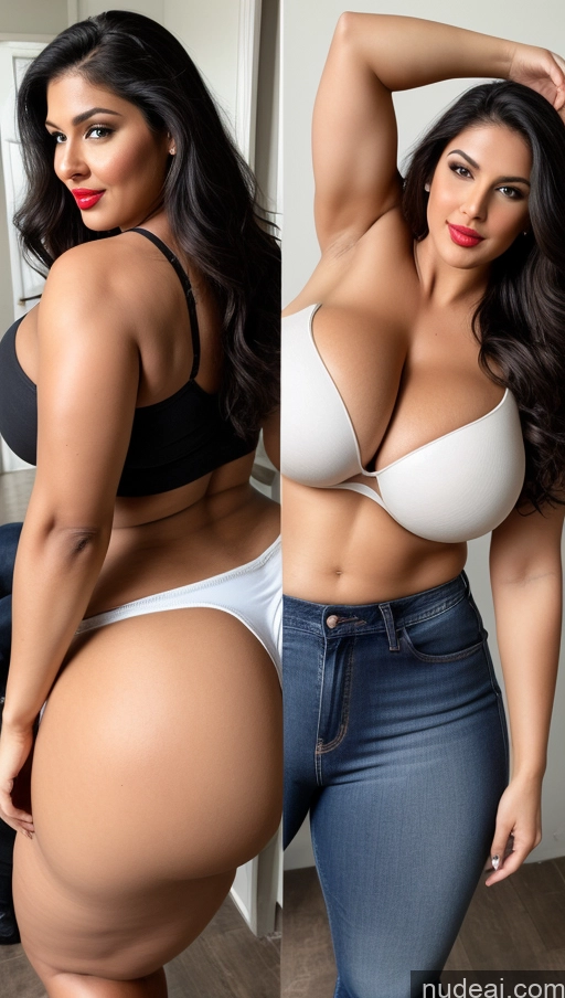 ai nude image of araffed woman in a white bra and jeans posing for a picture pics of Huge Boobs Lipstick Big Ass Abs Chubby Fairer Skin Black Hair Long Hair Indian Muscular Jeans