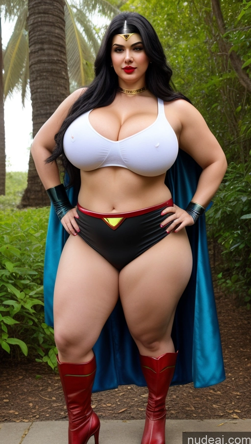 ai nude image of araffe woman in a superhero costume posing for a picture pics of Huge Boobs Lipstick Big Ass Abs Chubby Fairer Skin Black Hair Long Hair Indian Superhero