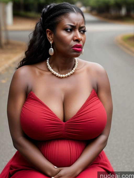 ai nude image of pregnant woman in red dress sitting on a bench in the street pics of Dress Pearl Jewelry Huge Boobs Shocked Lipstick Skinny Busty Angry Long Skirt Pregnant Brunette Hair Bun Tall Black Dark Skin 60s Victorian Casual