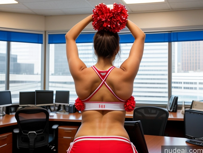 ai nude image of there is a woman in a cheerleader outfit sitting at a desk pics of Huge Boobs Thick Short 18 Latina Soft + Warm Office Cheerleader Two Busty Big Ass Big Hips Cleavage Bending Over