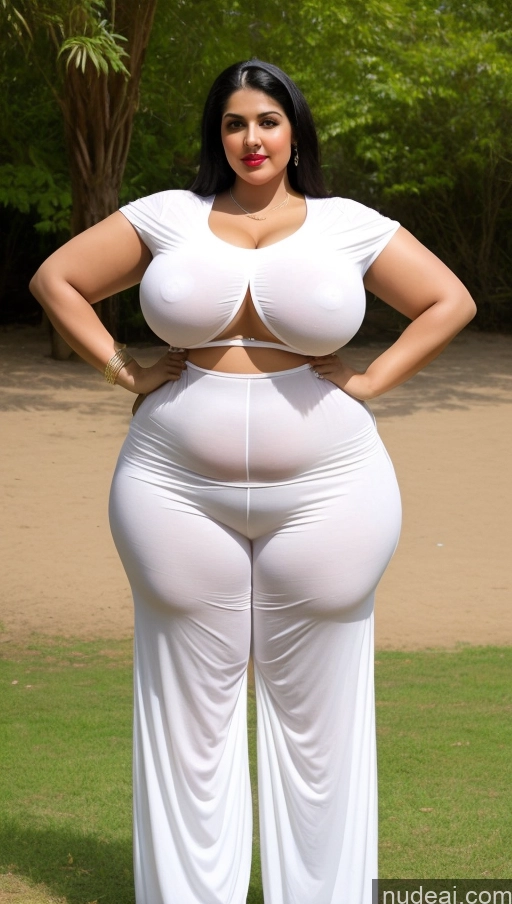 ai nude image of a woman in a white outfit posing for a picture in a park pics of Huge Boobs Lipstick Big Ass Abs Chubby Fairer Skin Black Hair T-pose Salwar