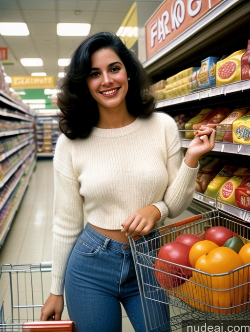 ai nude image of woman in a grocery store with a shopping cart full of fruit pics of Model Beautiful Big Hips Perfect Body Pubic Hair 30s Happy Black Hair Turkish Vintage Grocery Nude 70s Sweater Sexy Face