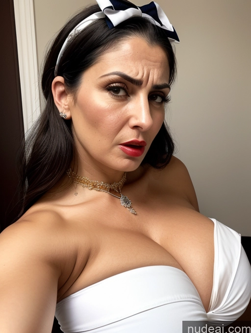 ai nude image of there is a woman with a white top and a bow tie on pics of Busty Huge Boobs Lipstick Skinny Short Pregnant Shocked Hair Bun Traditional Bows Gloves Pearl Jewelry Fairer Skin Dress Boots One Piece Swimsuit Long Skirt Angry Sad Black Hair Jewish Milf 30s Front View