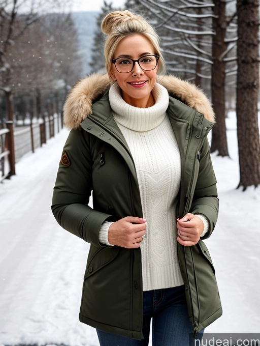 ai nude image of woman wearing a green parka with a fur collar and a white sweater pics of Busty Perfect Boobs Beautiful Glasses Big Ass Perfect Body Blonde Hair Bun White 3d Milf 30s Small Tits Snow Parka