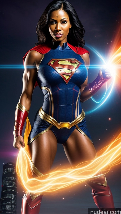 ai nude image of a woman in a superman costume holding a glowing light pics of Perfect Boobs Muscular Abs Several Superheroine Black Hair Black Superhero Powering Up