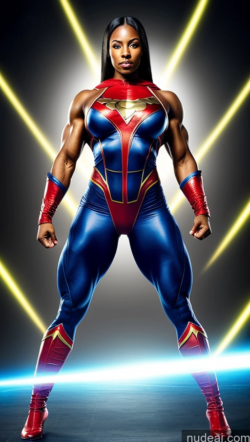 ai nude image of a close up of a woman in a superhero costume posing for a picture pics of Perfect Boobs Abs Several Black Hair Black Superhero Powering Up Bodybuilder Suit