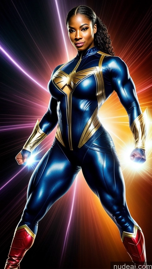 ai nude image of a woman in a blue and gold costume standing in front of a bright light pics of Perfect Boobs Abs Several Black Hair Black Superhero Powering Up Bodybuilder Suit Science Fiction Style Dynamic View Heat Vision