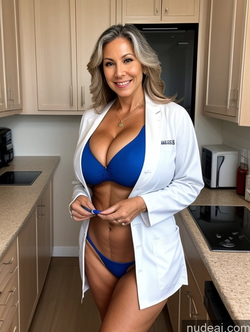 ai nude image of arafed woman in a lab coat posing in a kitchen pics of Milf One Busty Huge Boobs Tanned Skin 60s Front View Microkini Thong Lab Coat Brazilian Professor