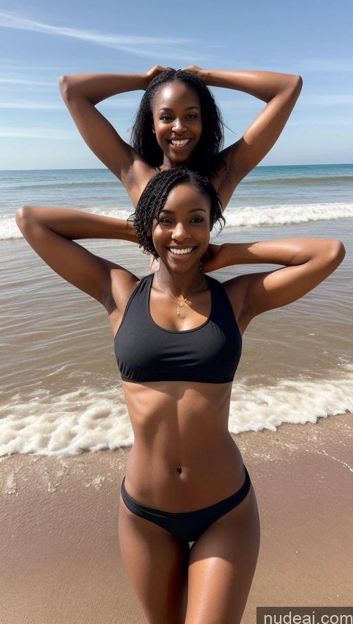 ai nude image of there are two women standing on the beach with their arms behind their heads pics of Woman One Small Tits Small Ass Skinny 20s Black Hair Bangs African Skin Detail (beta) Pubic Hair Happy Beach Front View T-pose Jeans Tank Top